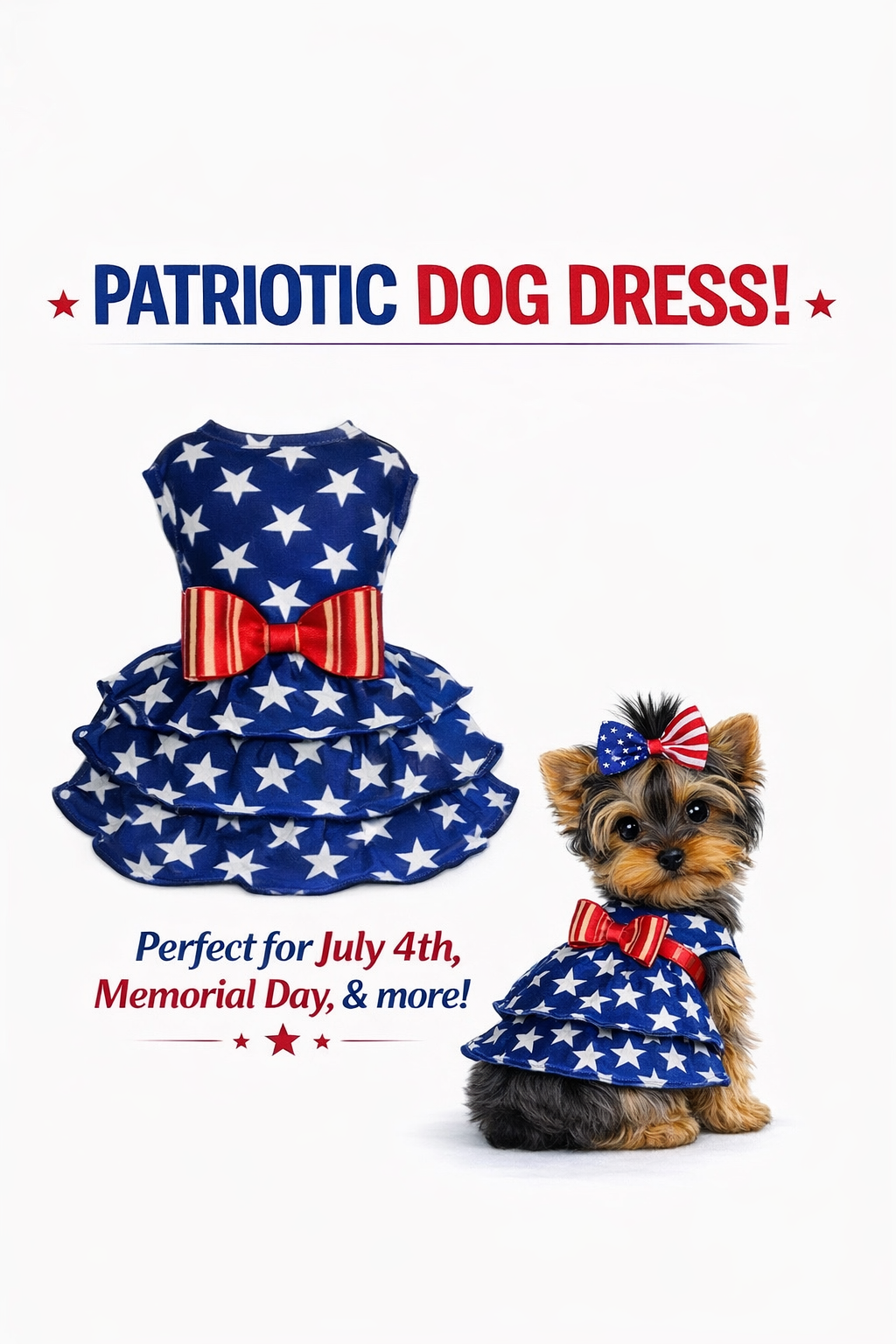 Sevyn & Hevyn Star Tiered Ruffle Dog Dress 4th of July Dog Clothes for Small Dogs Girl Patriotic Dog Summer Dress Pet Outfit Royal Blue Red White Small